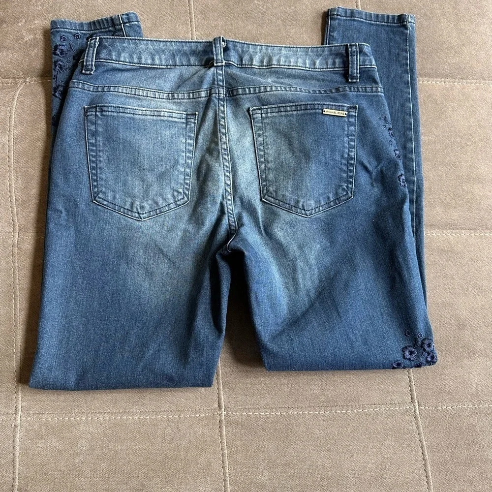 Michael Kors Blue Skinny Jeans with Floral Embroidery